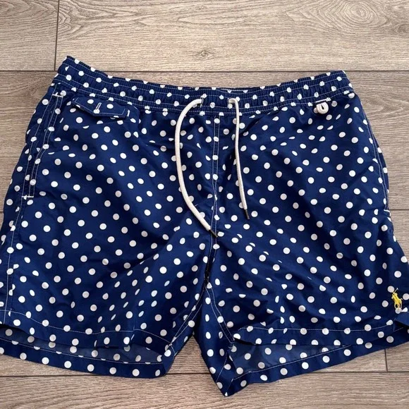 Polo Ralph Lauren Swim Trunks Mens Large Blue Polka Dot Pony Preppy Beach Summer