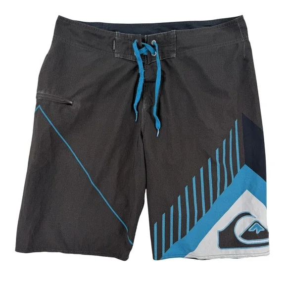 Quiksilver Board Shorts Mens‎ 33 Gray Pinstripe Surf Swim Trunks Graphic Y2K