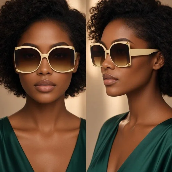 Womens Oversized Square Sunglasses Cream Beige Frame Gradient Brown Lens Retro