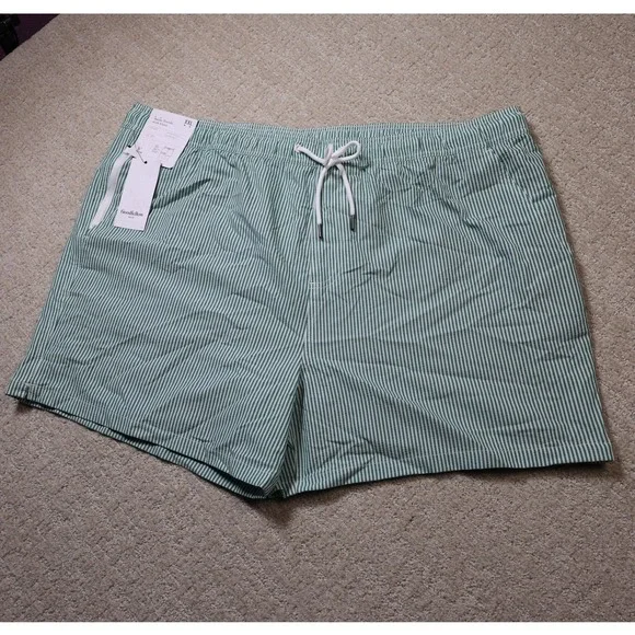 Goodfellow & Co Mens Green White Striped Swim Trunks 5 Inch Inseam XXL NWT