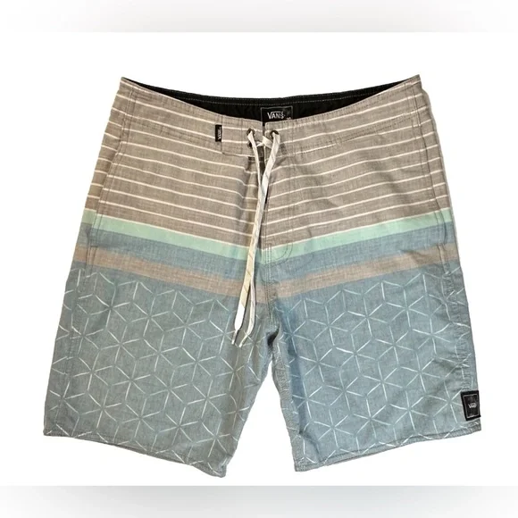 Vans Men’s Board Short Blue Gray Drawstring Logo‎ Beach Water Swim Wear Size 30