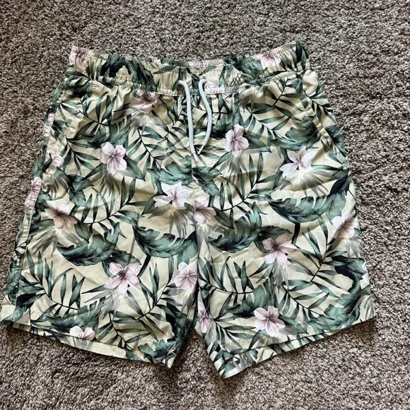 Forever 21 Floral Swim Trunks Tropical Drawstring Shorts Men's Small‎