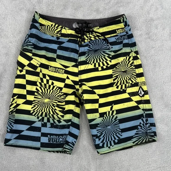 Volcom Mod-Tech Board Shorts 27 Yellow Blue Geometric Surf Swim Trunks Womens
