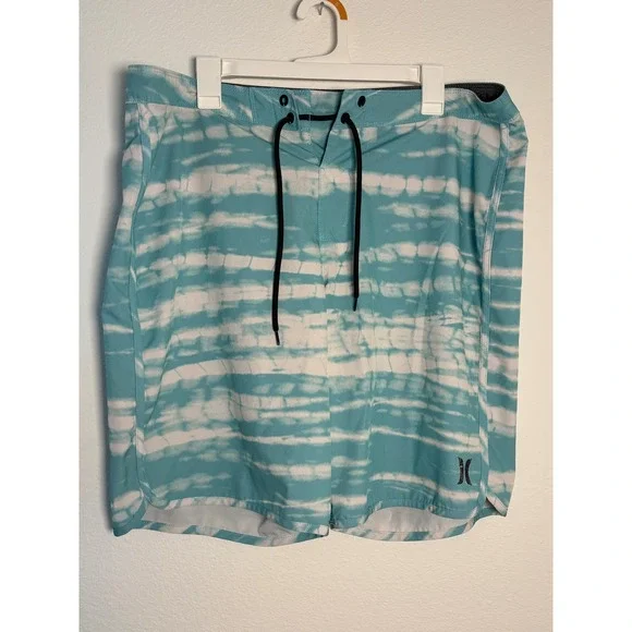Hurley Mens Teal White Tie Dye Board Shorts Swim Trunks Size 38 Surf‎ Beachwear