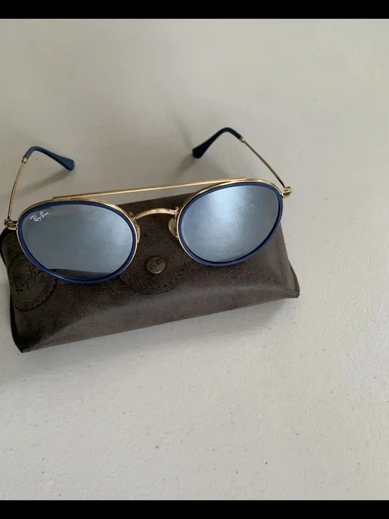 Ray-Ban Round Double-Bridge Sunglasses in Blue and Gold with Blue Temple Tips