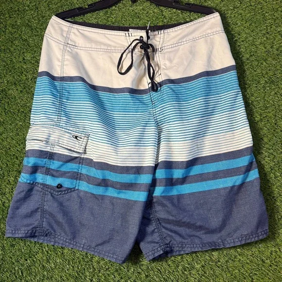 O'Neill Mens Boardshorts 34 Striped Swim Trunks Pocket Blue White Surf‎ Beachwe