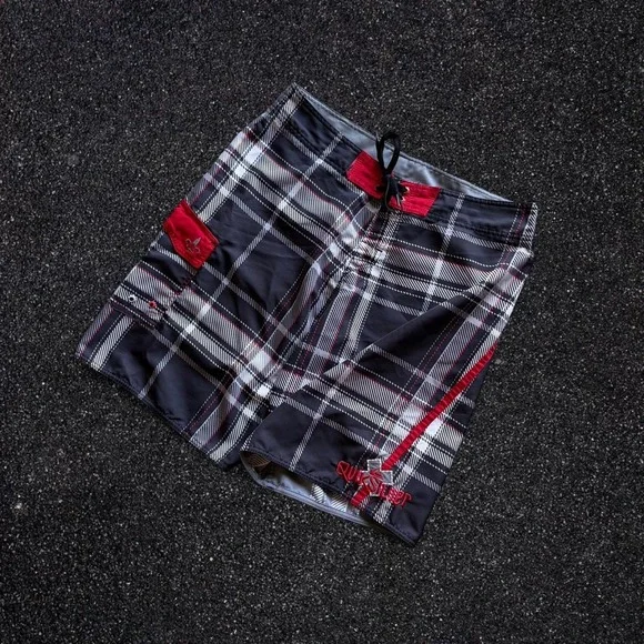 Quiksilver Mens Plaid Board Shorts Black‎ Red White Swim Trunks Size 35