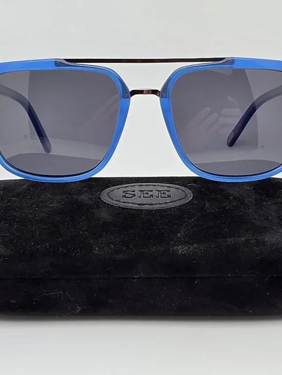 See Eyewear 1845 C239 Blue Frame Polarized Grey Lens Aviator Sunglasses w/ Case
