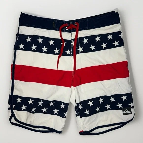 Quiksilver Men's Board Shorts Size 32 Red White Navy Star Print Swim Trunks