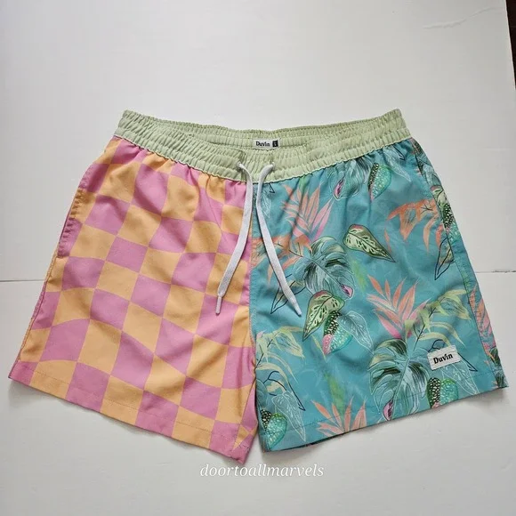 Duvin Design Co Men Swim Trunks sz L Split Checkerboard Tropical Floral Shorts