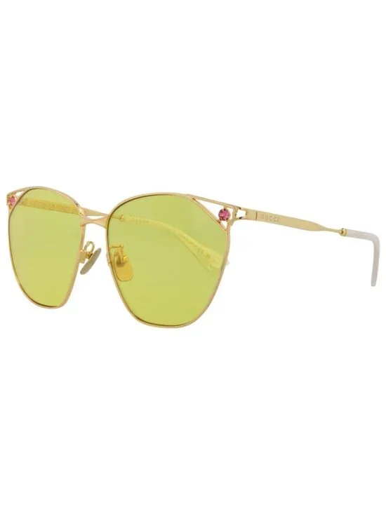 New Gucci Women's Sunglasses Cat Eye Metal Frame Gold Gold Yellow