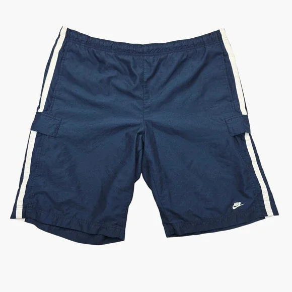 Nike Mens XL Navy Blue White Stripe Cargo Swim Trunks Mesh Lined Board Shorts