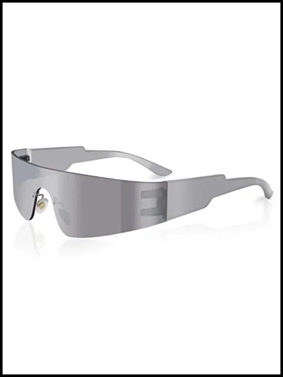 Futuristic Wrap Around Sunglasses Y2K Silver Rimless PC Frame
