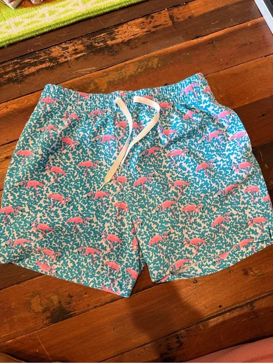 chubbies Teal Swim Shorts with Pink flamingo Print