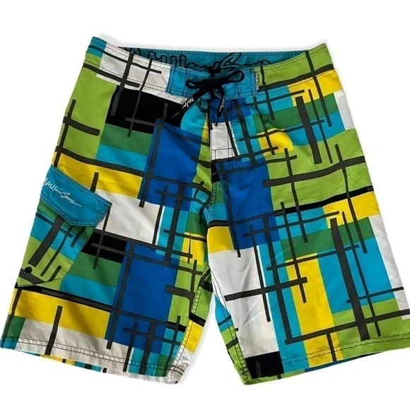 MAUI AND SONS Men's Sz 36 Blue Yellow Turquoise Black Geometric Boardshorts