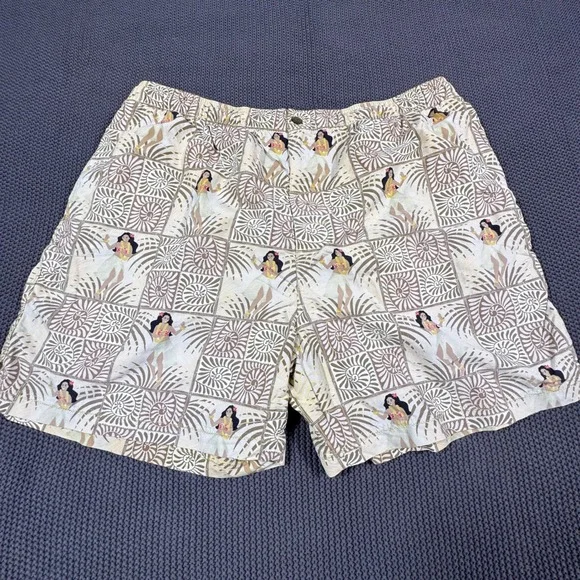 Tommy Bahama Mens Hula‎ Girl Shell Hawaiian Print Swim Trunks Tan Nylon Lined XL