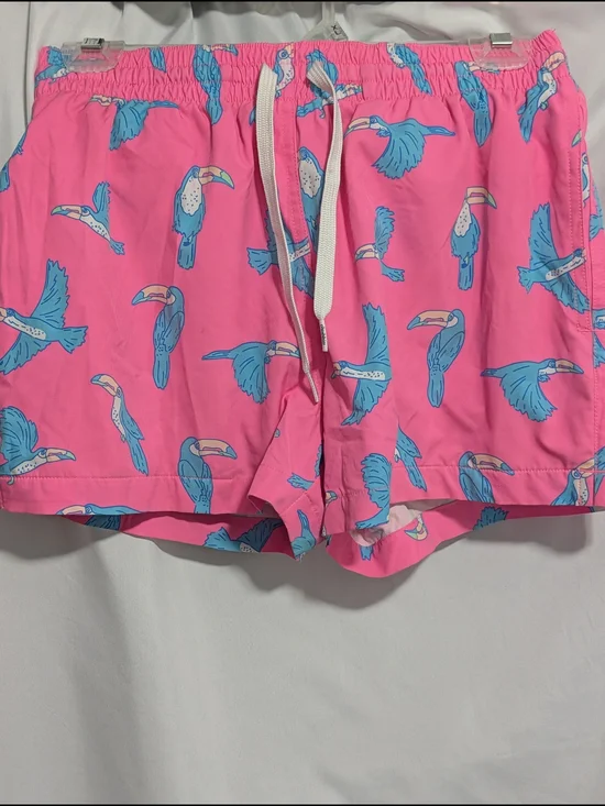 chubbies Pink Toucan Swim Trunks with Blue Bird Print