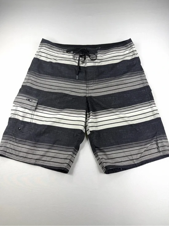 O’Neill Men’s 32 Striped Board Shorts Black Gray White Surf Swim Trunks