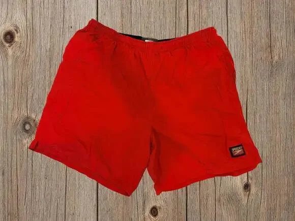 Vintage Speedo Men's Red Swim Trunks with Mesh Lining and Elastic Waistband