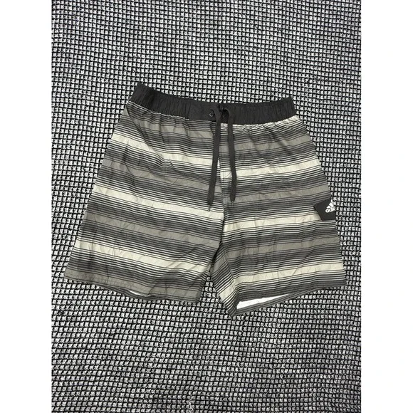 Adidas Board Shorts Mens XL Black Grey Excellent Striped Mesh Lined‎ Swim Trunks