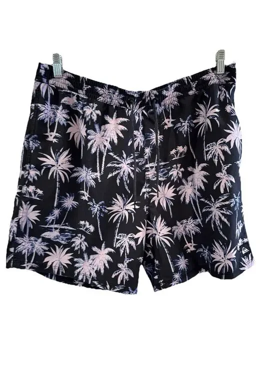 Quicksilver Swimsuit Men’s XXL Black With Lavender Palms Elastic Waist Pockets