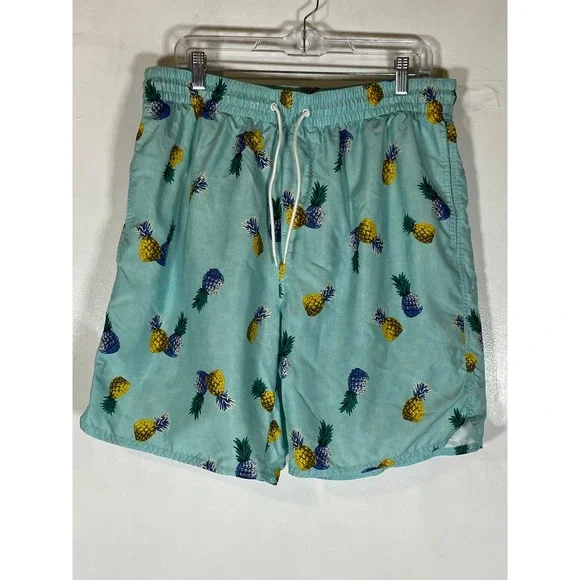 Old Navy Pineapple Swim Trunks Aqua Blue Tropical‎ Drawstring Lined Men's L