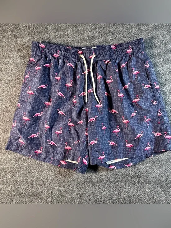 Trunks Surf & Swim Co Mens Navy Pink Flamingo Print Swim Shorts Size Medium XL