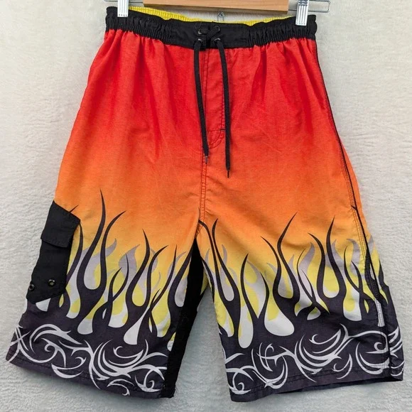 VTG Liquid Wave Board Shorts Men's XS Red Flame Tribal Relaxed Surf Skater Y2K