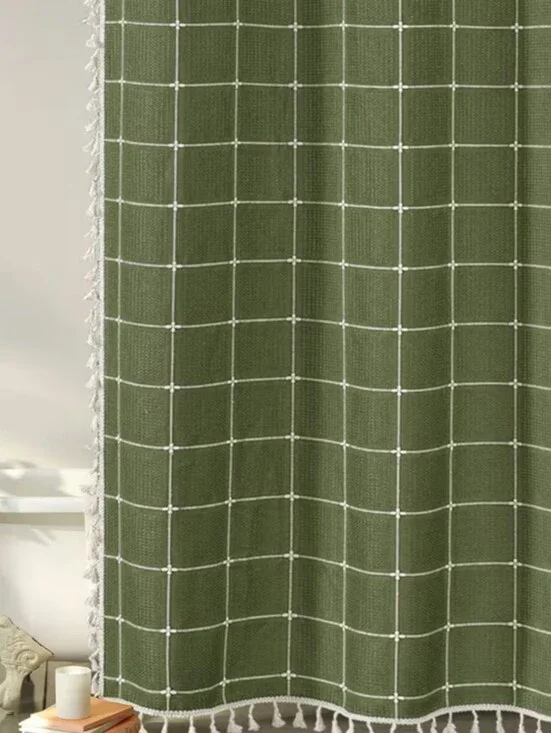 Olive Green Plaid Shower Curtain with Tassel Trim