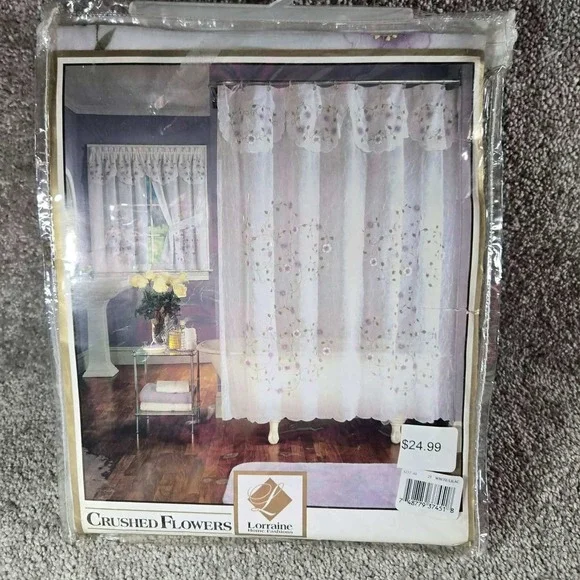 Lorraine Shower Curtain White Lilac Crushed Flowers Floral Valance 70x72