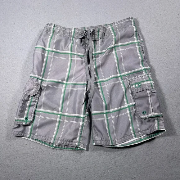 Ocean Pacific Plaid Board Shorts Men Medium Grey Green Cargo Swim Trunks Vintage