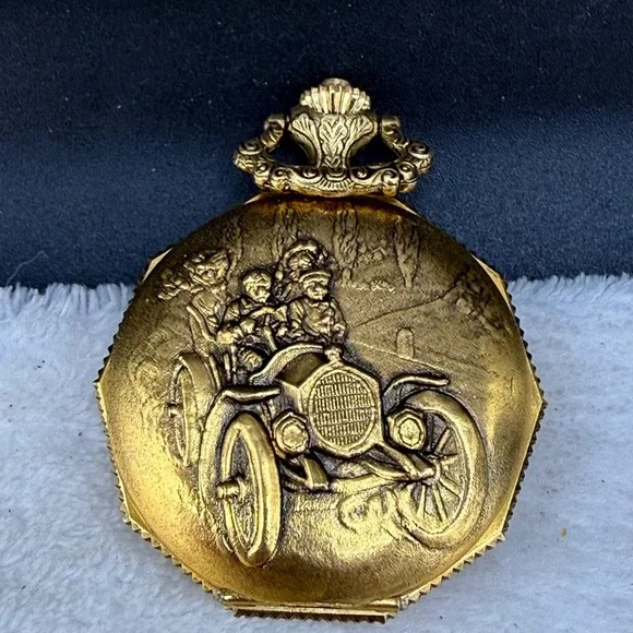Vintage Majestime Pocket Watch Gold Tone Skeleton Car  Floral Working