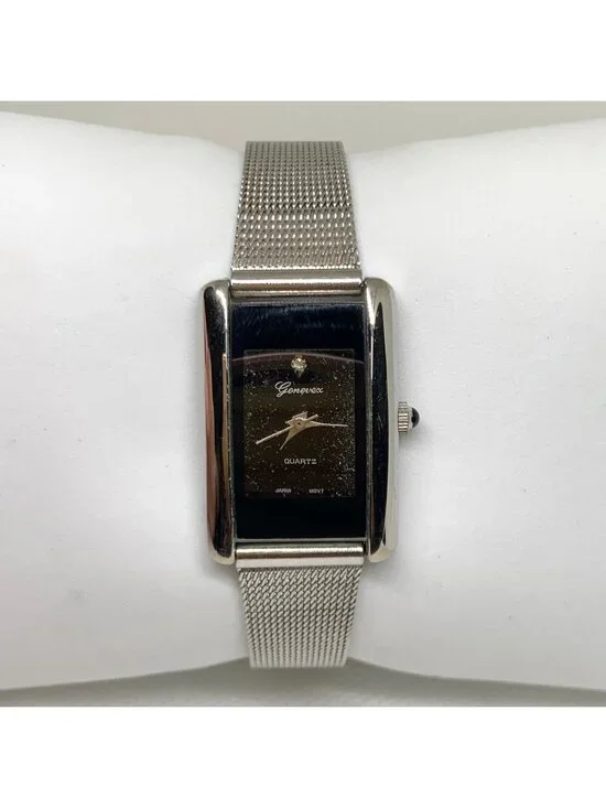 Vintage Genevex women’s watch silver tone black dial 21mm mesh band  running