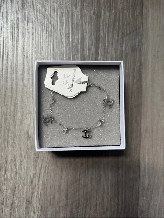 CHNL Silver Charm Bracelet with Interlocking Logo and Crystals