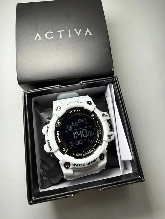 ACTIVA Digital Sport Watch Chronograph Backlight 3 BAR White Resin Strap Box