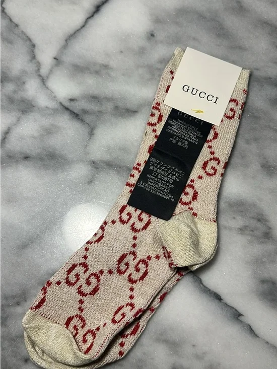 Gucci Beige Socks with Red GG Monogram