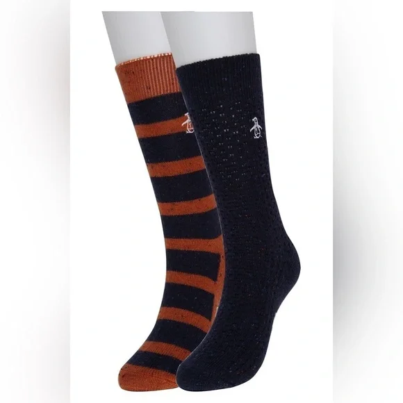 Original Penguin Waffle Texture Crew Socks - Pack of 2, Orange/Navy, OS, NWT