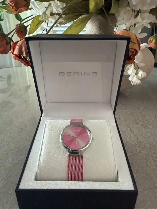 BERING Pink Sunray Dial Women's Mesh Strap Watch