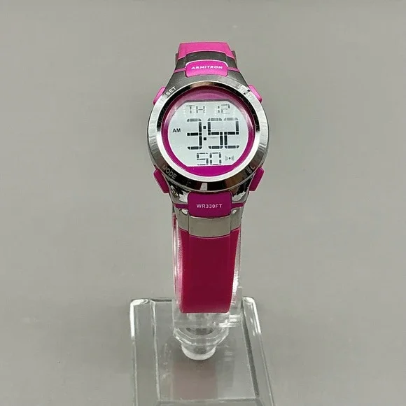 Armitron Watch Womens Pro Sport Digital Pink Resin 27mm Water Resistant Day Date