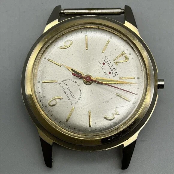 Vtg Hilton De Luxe Mens Watch 32mm Silver Gold Tone Manual For Parts Not Running