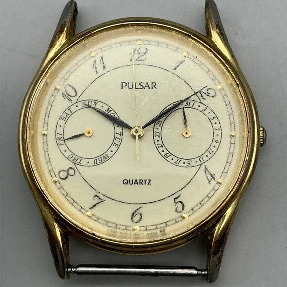 Pulsar Mens Watch 32mm Cream Dial Gold Tone Day Date V336-7000 For Parts