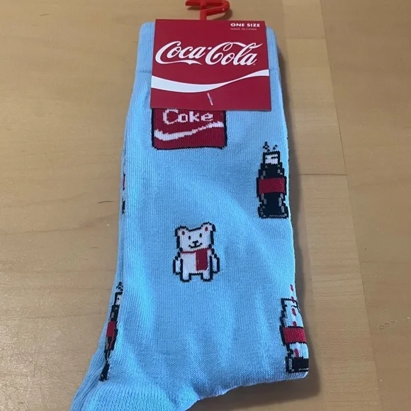 Coca Cola Light Blue Socks with Bear and Bottle Design