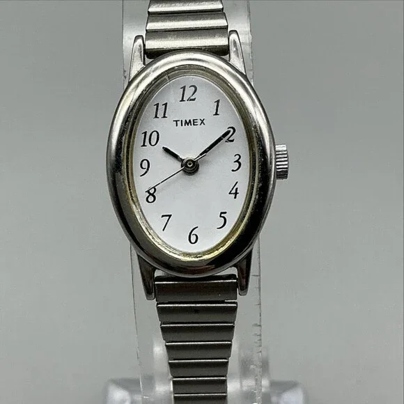 Timex Cavatina Womens Watch 18mm White Dial Silver Tone Stretch Band New Battery