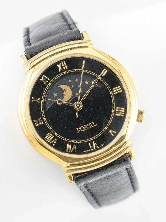 FOSSIL World Moon Phase Gold Leather Quartz Analog Women's Watch New Battery