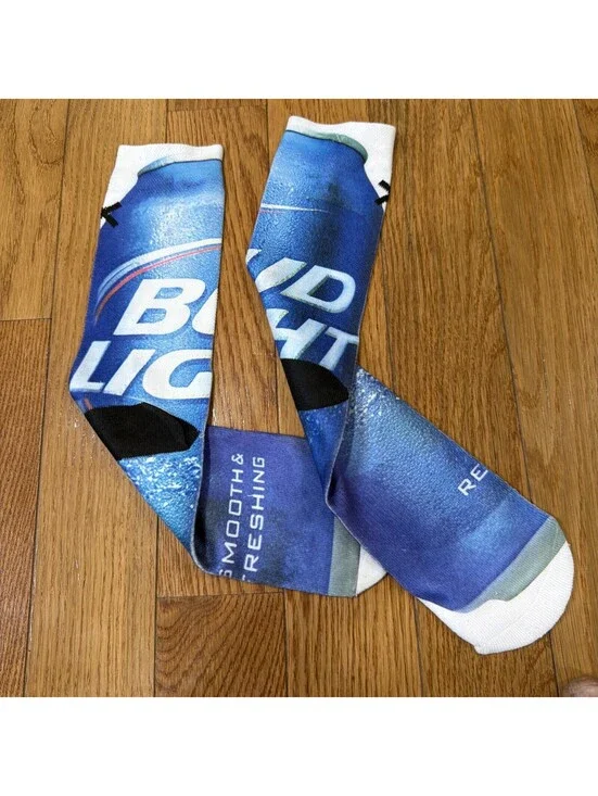 Bud Light Beer Graphic Crew Socks Blue Novelty Men’s Women’s Unisex Pair