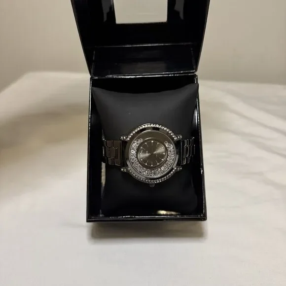 Bebe Women's Silver Tone Rhinestone Fashion Watch In Original Box Needs Battery