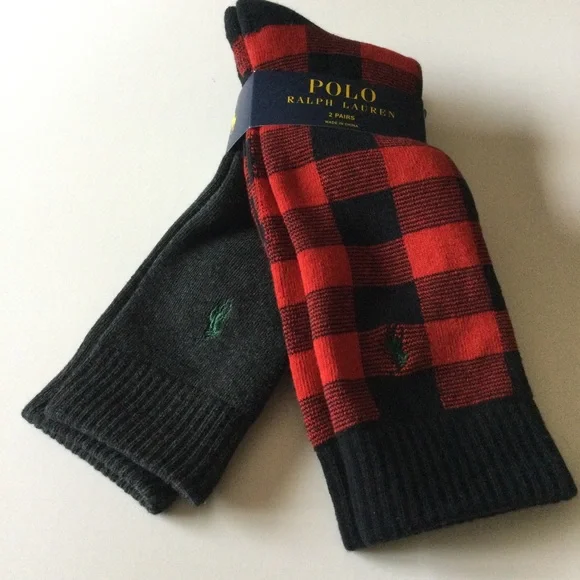 POLO RALPH LAUREN MENS 2 PAIR PACK BOOT SOCKS RED/BLACK AND GRAY WITH LOGO NWT