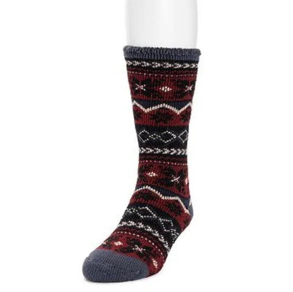 Men's MUK LUKS Heat Retainers Solid Thermal Socks, Navy Crimson Fairisle, OSFM
