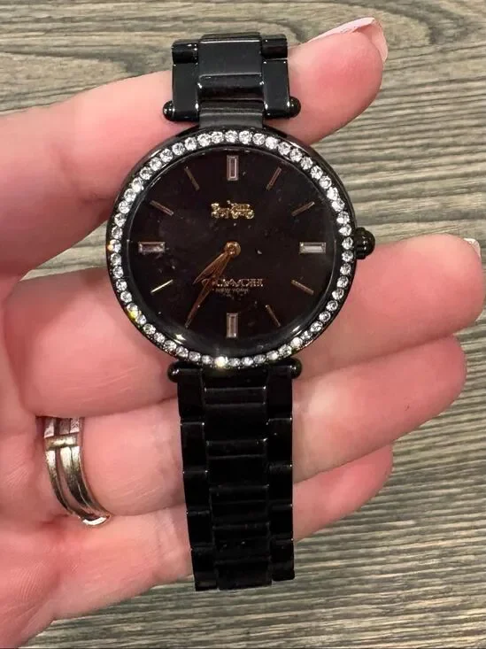 Coach Wristwatch Crystal Bezel Black Dial Stainless Steel Link Bracelet 34mm