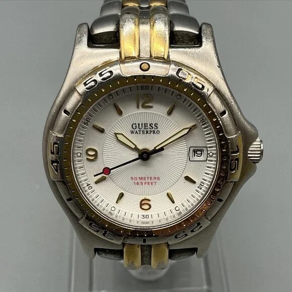 Guess Waterpro Womens Watch 28mm White Dial Two Tone 50M New Battery 5.5